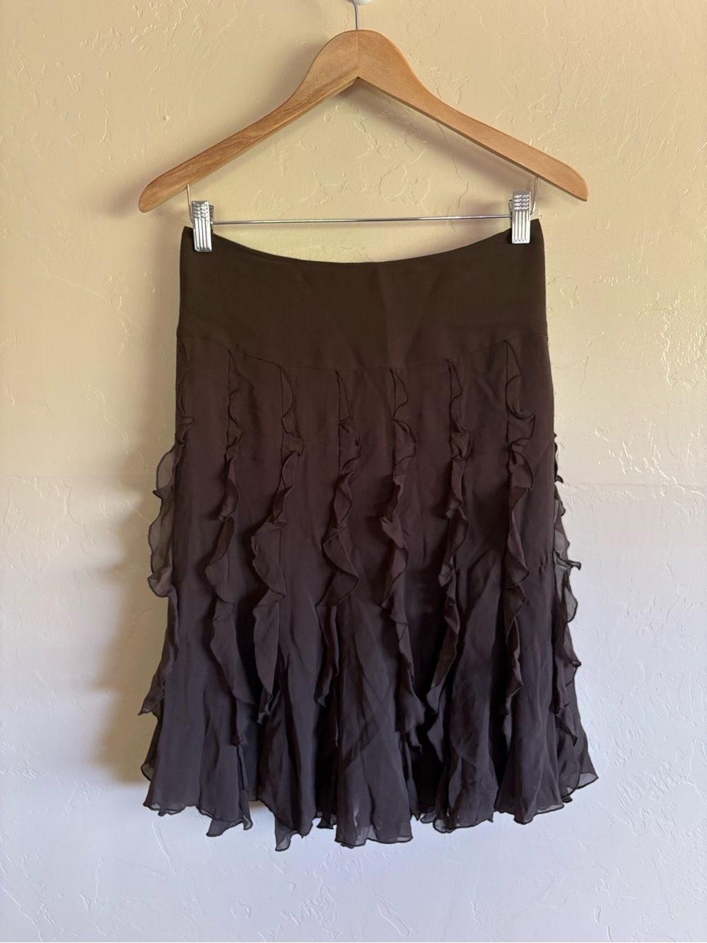 Y2K 2000s Vintage 100% Silk Knee Length Midi Brown Ruffle Flounce Skirt Size 4